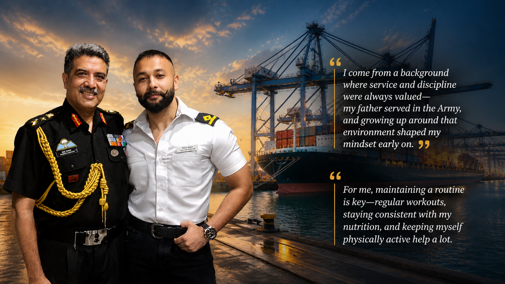 Two men standing side by side, one in a decorated military uniform and the other in a merchant navy uniform, posing together and smiling, representing a generational link of discipline, service, and maritime career.