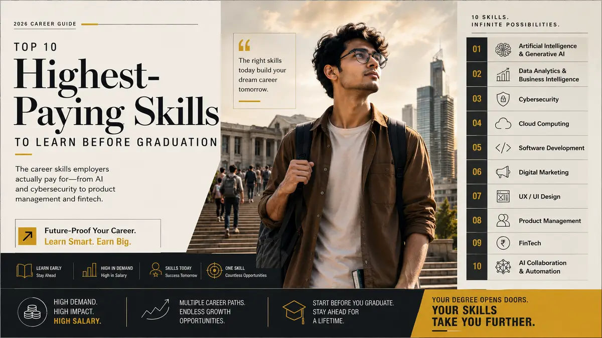 Student exploring the highest-paying skills to learn before graduation in 2026 with career pathways in artificial intelligence, cloud computing, cybersecurity, software development, digital marketing, UX design, fintech and data analytics.