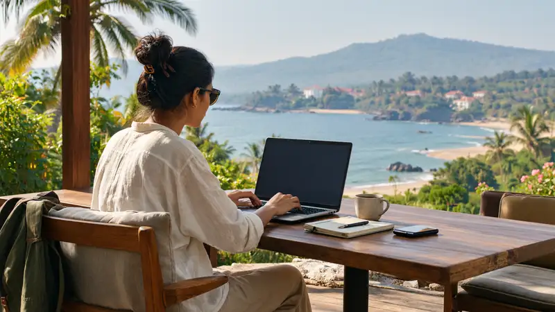 Young professional working remotely from a scenic coastal destination in India