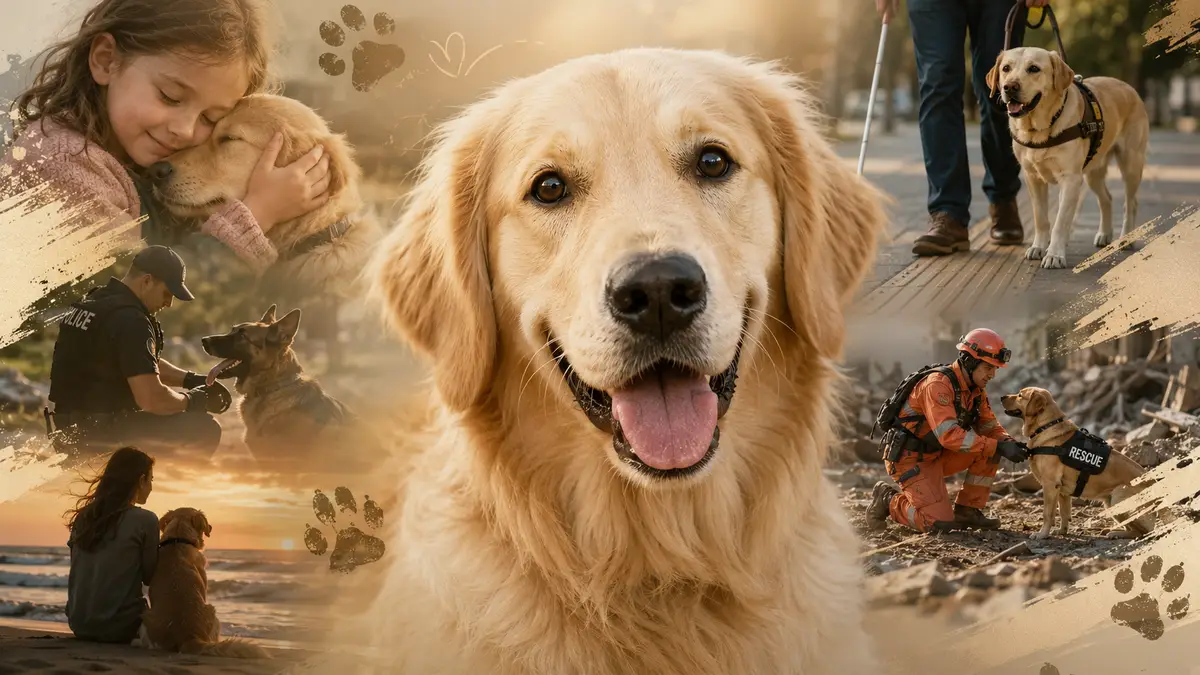 Golden retriever surrounded by people and working dogs, representing the human-dog bond, companionship, rescue, therapy, police work and the many ways dogs support people.
