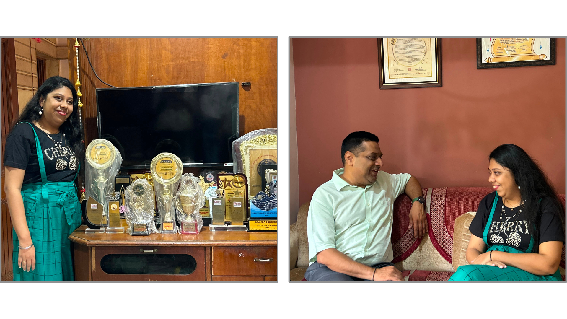 Open water swimmer Heatavi Shah with her Dad Vinay Shah, and her trophies