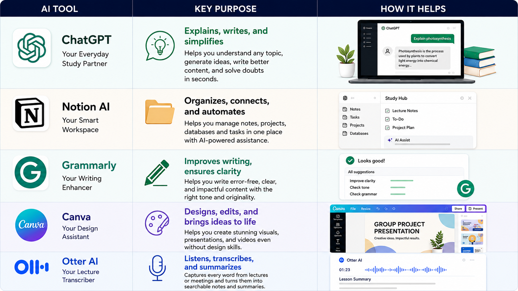 Comparison table of the best AI tools for college students in 2026, featuring ChatGPT, Notion AI, Grammarly, Canva and Otter AI with their key uses, including studying, organisation, writing, presentations, design, lecture transcription and academic productivity.