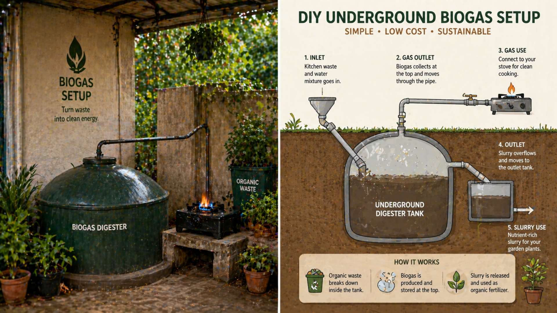 Split visual of a home biogas plant and an underground biogas system diagram illustrating how kitchen waste produces clean energy and organic fertilizer.