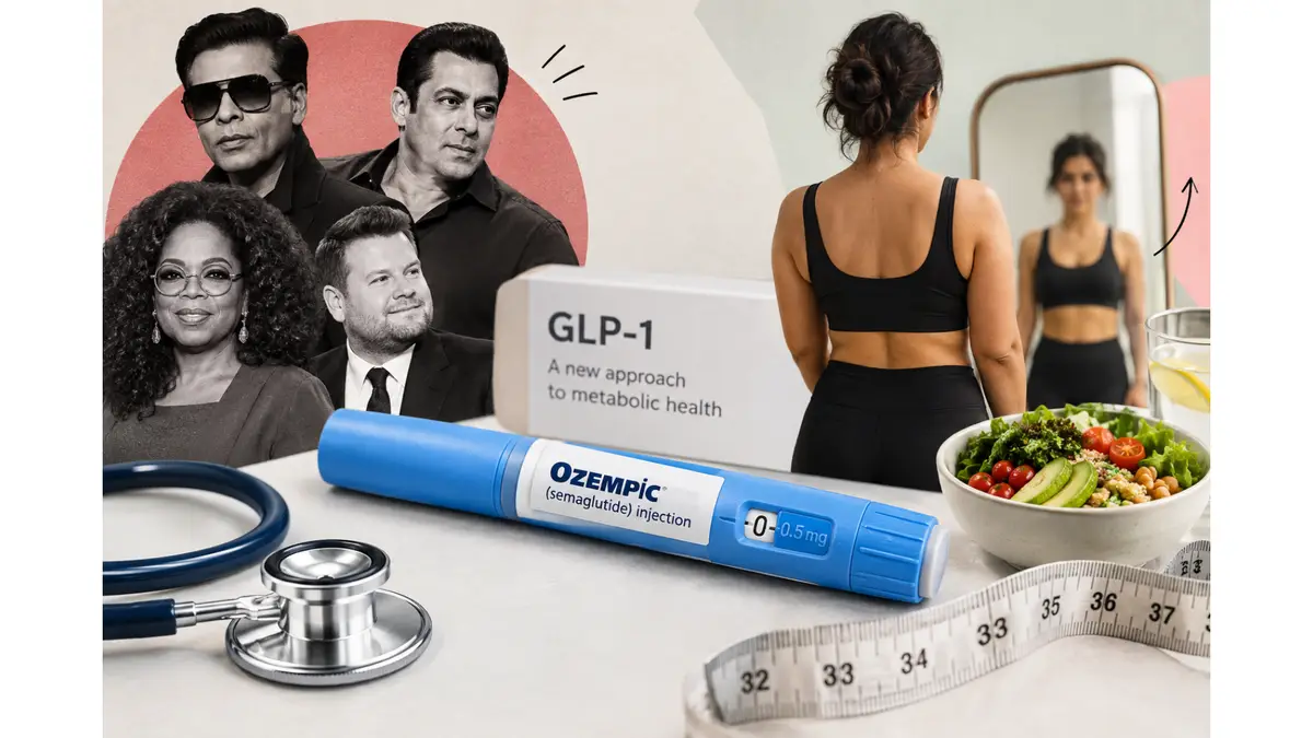 Ozempic and GLP-1 weight loss medication featured in an editorial image exploring semaglutide, weight management, side effects and the growing conversation around celebrity weight loss drugs.