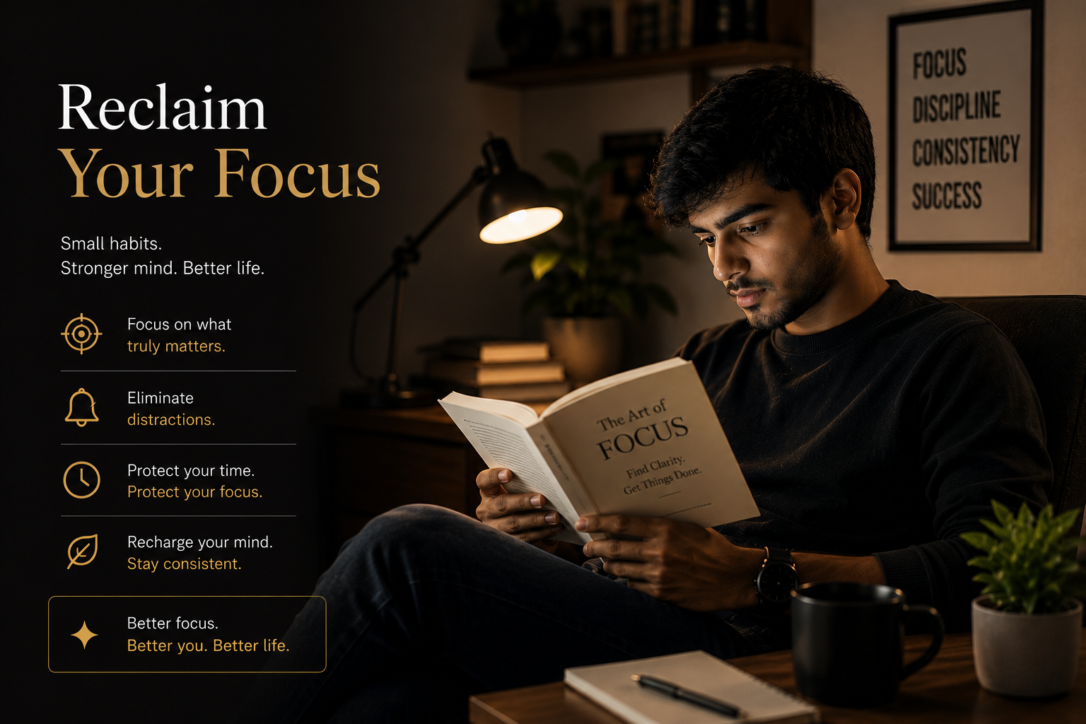 Young Indian man reading in a calm, distraction-free environment, symbolizing deep focus, mindful habits, attention span recovery, personal growth, and digital wellness.