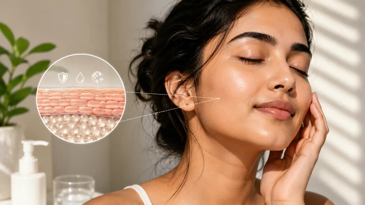 Skin barrier repair skincare concept showing healthy, hydrated skin and barrier-supporting skincare products, highlighting the growing 2026 skincare trend.