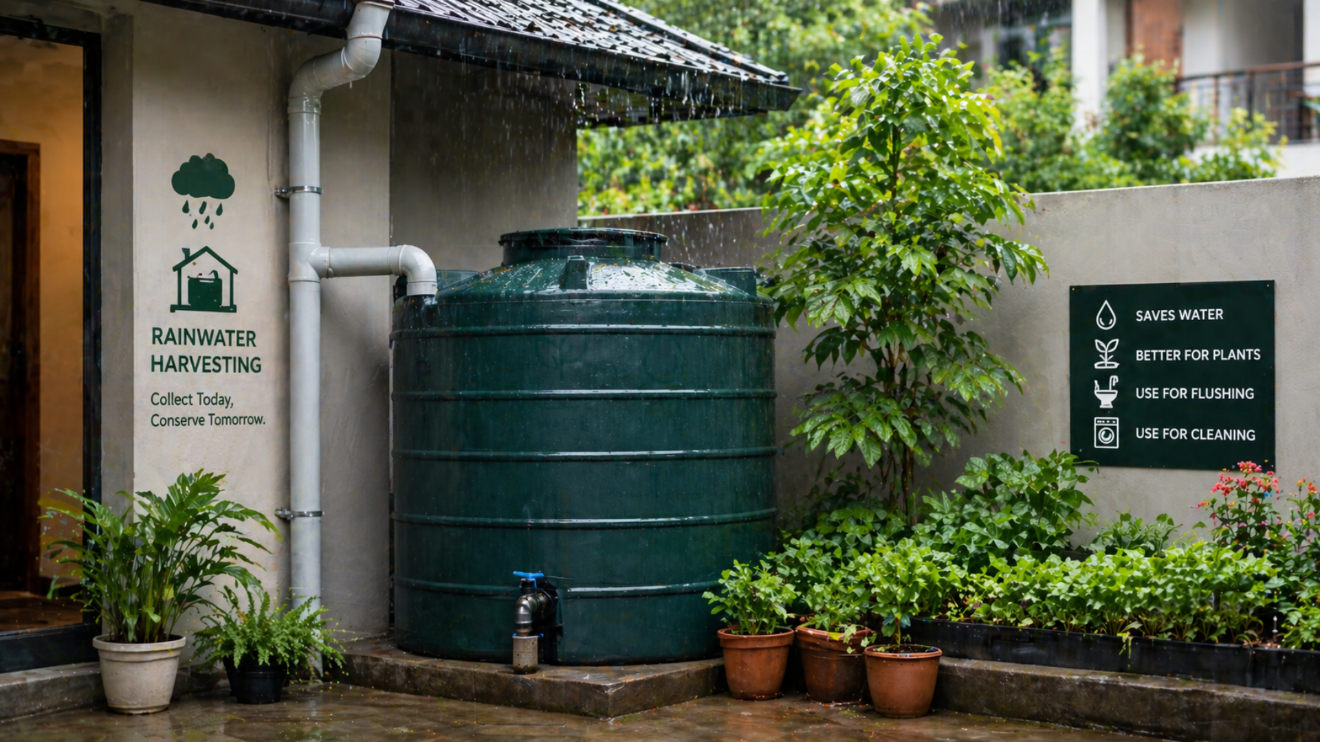 Urban rainwater harvesting setup with rooftop pipes and storage tank used for water conservation in a sustainable home.