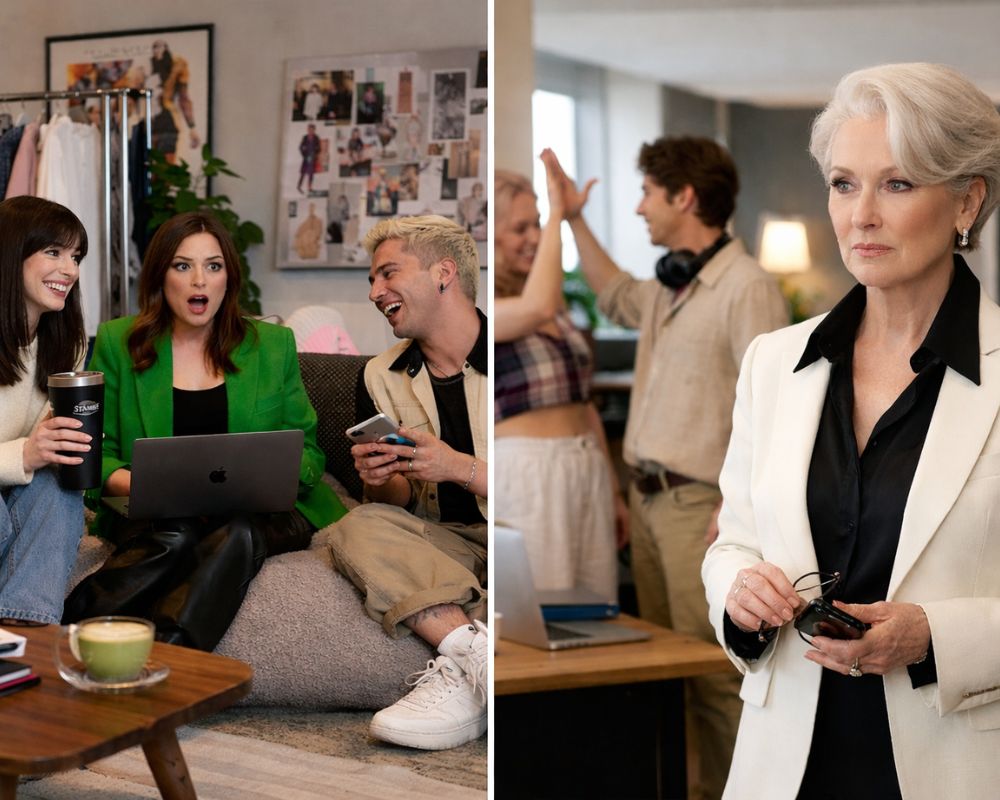 Young corporate employee in trendy outfit working on laptop with relaxed posture, showcasing modern office dress code and work life balance