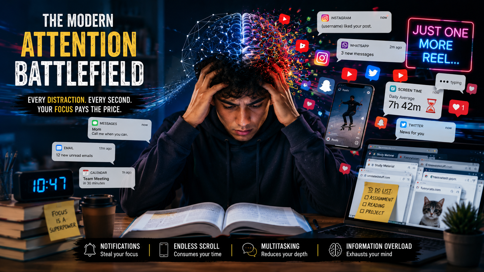 Focus improvement infographic featuring practical habits to improve attention span, reduce distractions, build concentration, and strengthen productivity in the digital age.