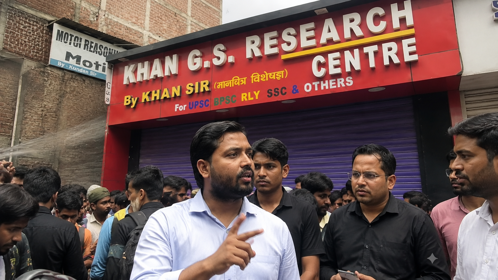 Khan Sir stands outside the Khan GS Research Centre in Patna, surrounded by students and supporters near the coaching institute entrance during the controversy surrounding the 2026 firing case investigation.
