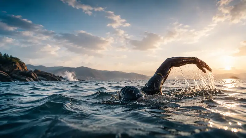 Open Watere Swimmer swimming in an ocean during susent with land just around the corner.