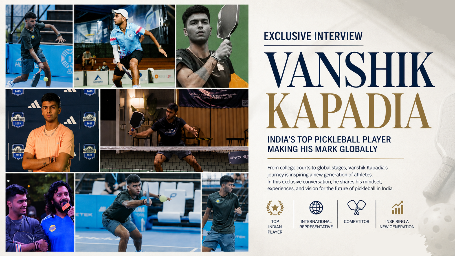 Editorial collage featuring Indian pickleball player Vanshik Kapadia during competitive matches and official portrait, introducing an exclusive interview on pickleball growth, career opportunities, training, and the future of the sport in India.