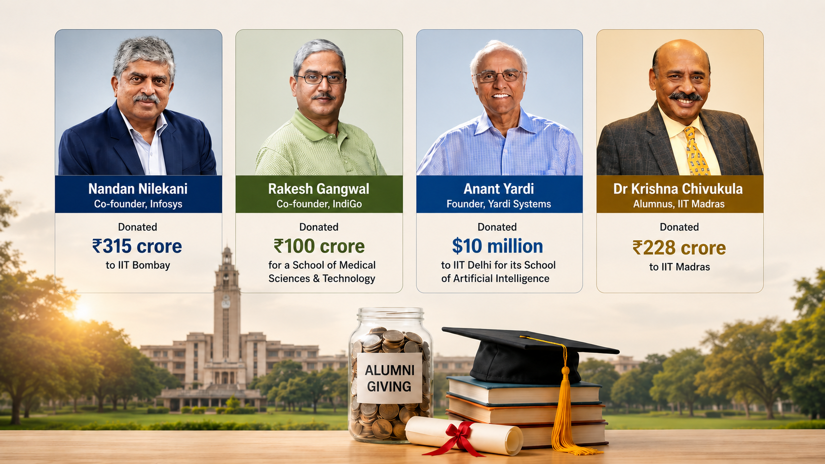 Infographic showcasing major alumni donations to Indian Institutes of Technology (IITs), featuring Nandan Nilekani, Rakesh Gangwal, Anant Yardi, and Dr. Krishna Chivukula, with their donation amounts and a university campus background symbolizing alumni philanthropy and higher education.