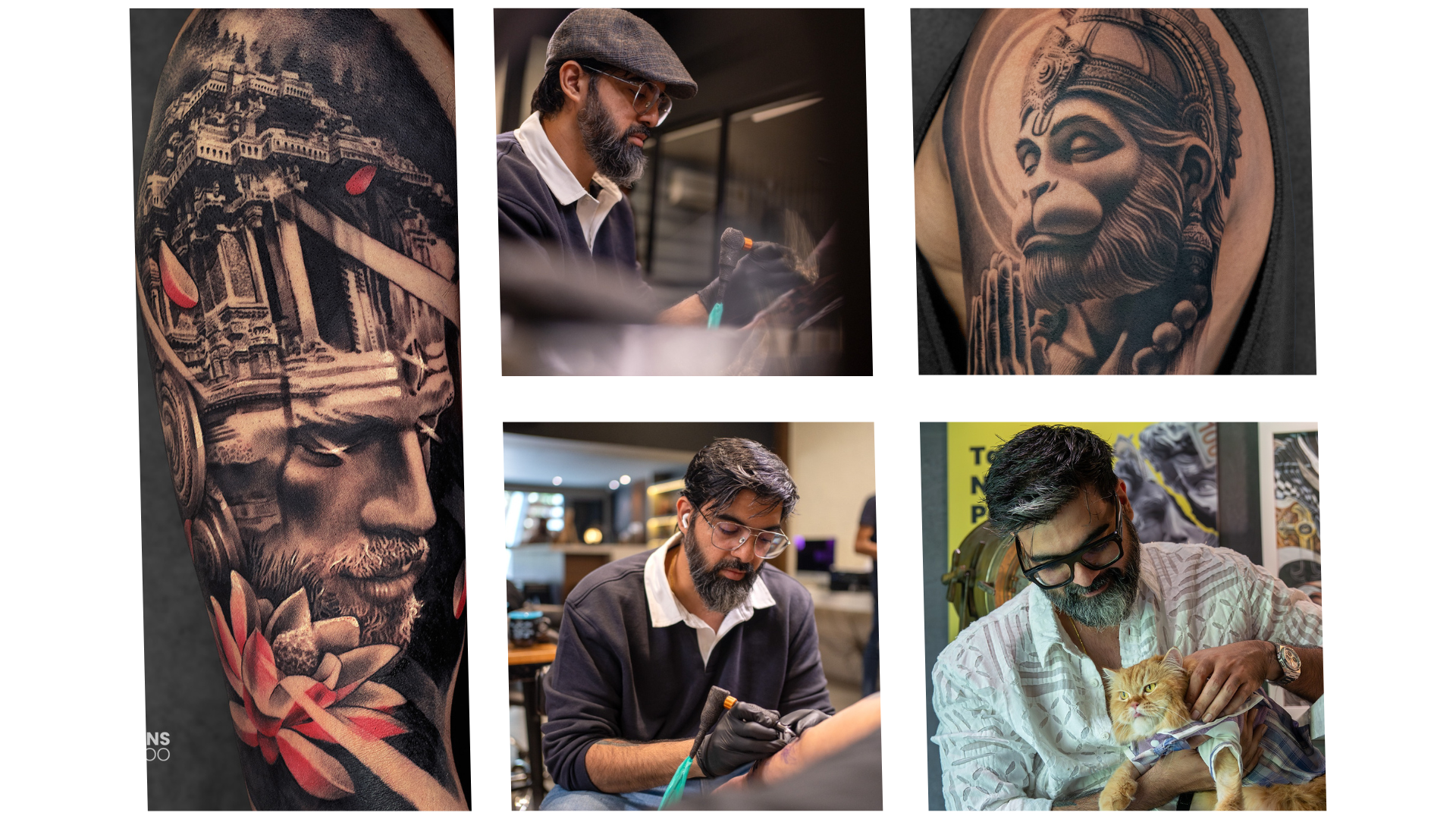 Celebrity Tattoo Artist and founder of Aliens Tattoo Sunny Bhanushali, his cat and images of his work.