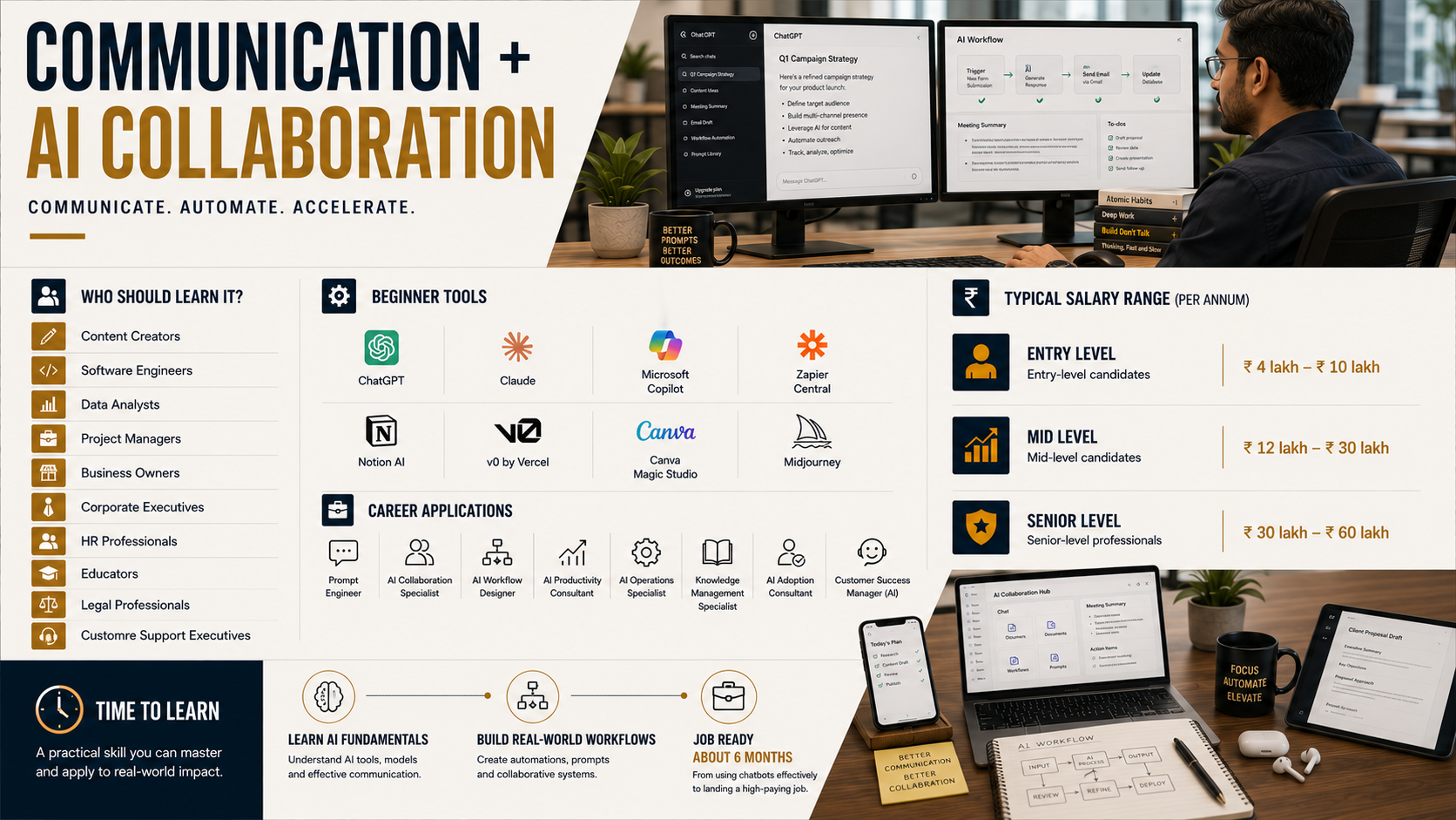 Communication and AI Collaboration career infographic featuring ChatGPT, Claude, Microsoft Copilot, Notion AI, AI productivity tools, collaboration workflows, salary ranges and AI-powered corporate workspace.