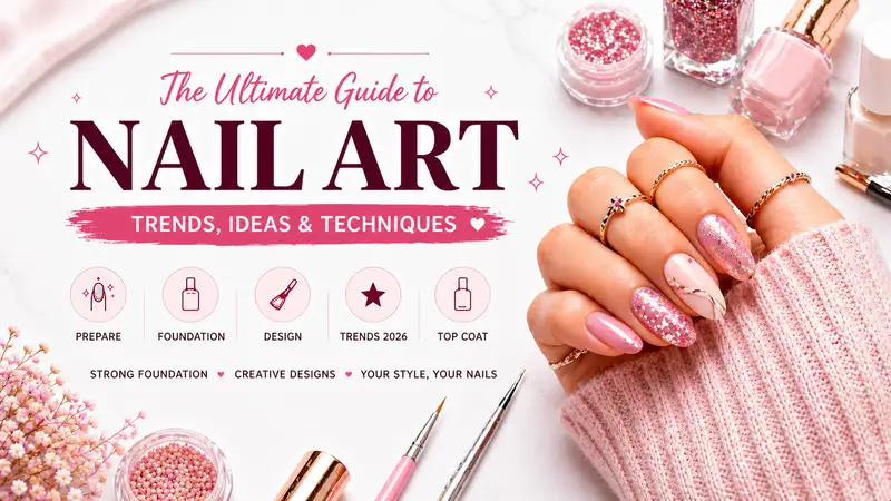 Close-up beauty banner showing a manicured hand with glossy pink nail art and delicate rings, surrounded by nail polish bottles, brushes, and glitter on a soft pastel marble background, with “Nail Art: Trends, Ideas & Techniques” text and icons highlighting prep, foundation, design, trends, and top coat.