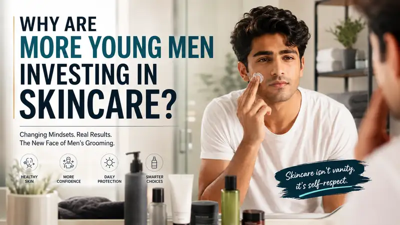 Young Indian man applying skincare while looking into a mirror, representing the growing trend of men's grooming and skincare.