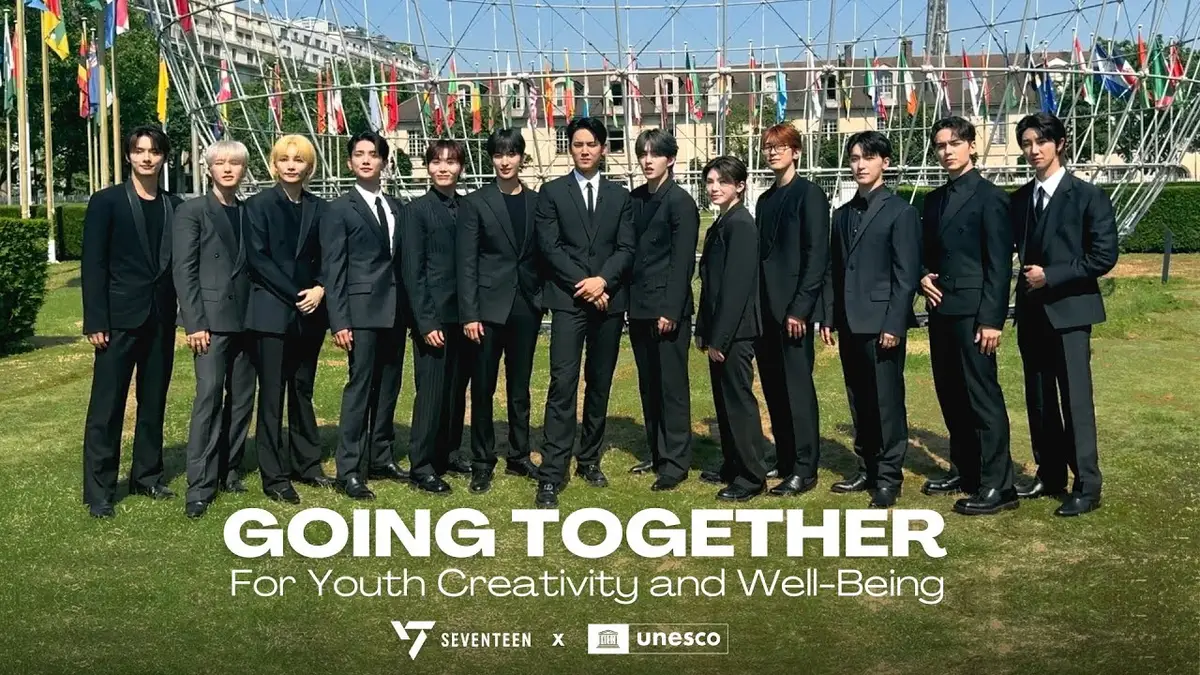 Members of K-pop group Seventeen pose with UNESCO at a youth creativity and well-being event, promoting mental health, education, and global youth empowerment.