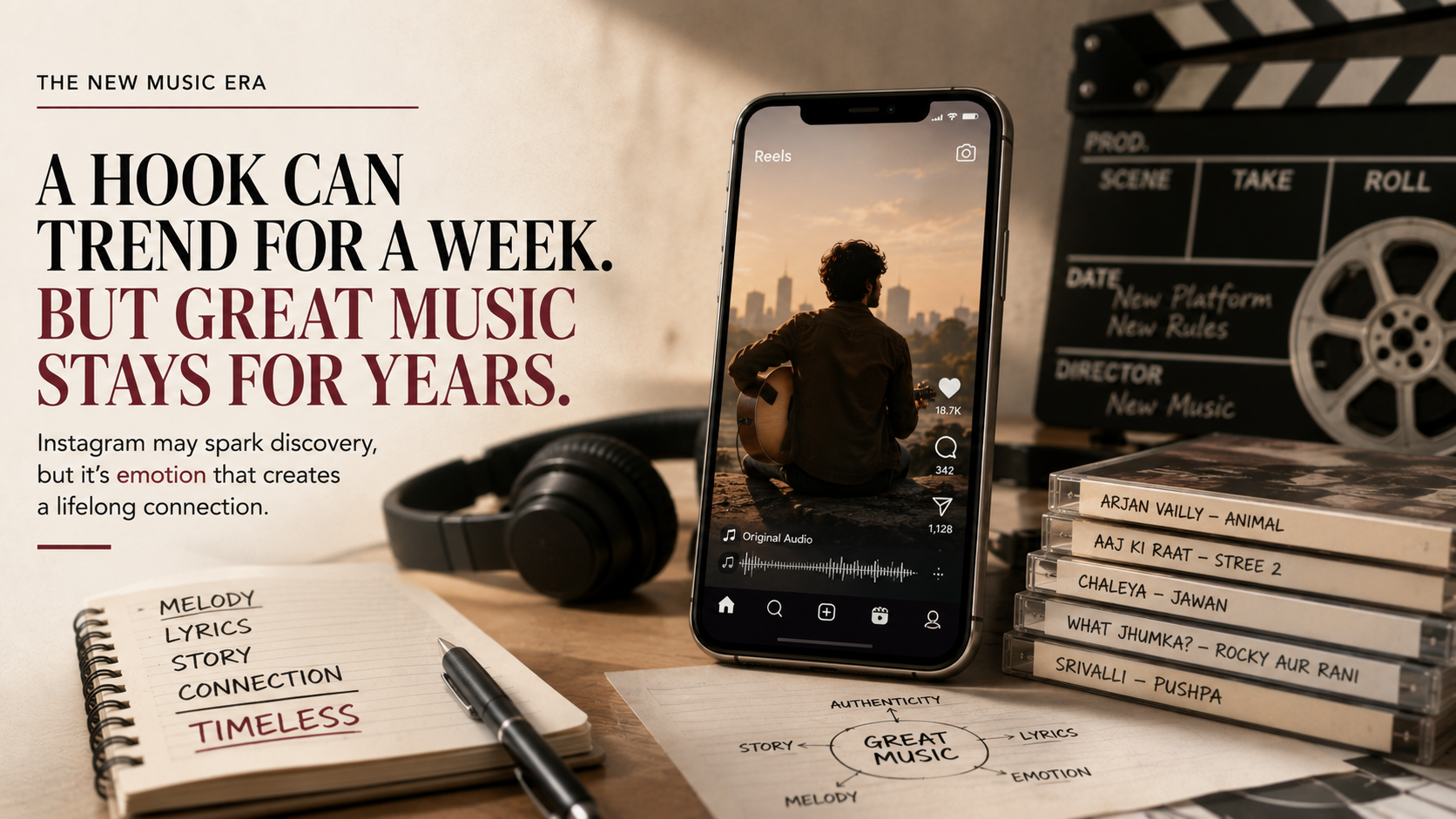 Magazine-style image illustrating the impact of Instagram Reels on the Indian music industry, featuring a musician, songwriting notes, and a smartphone to represent viral music trends, social media marketing, and the idea that great music outlasts short-term viral success.