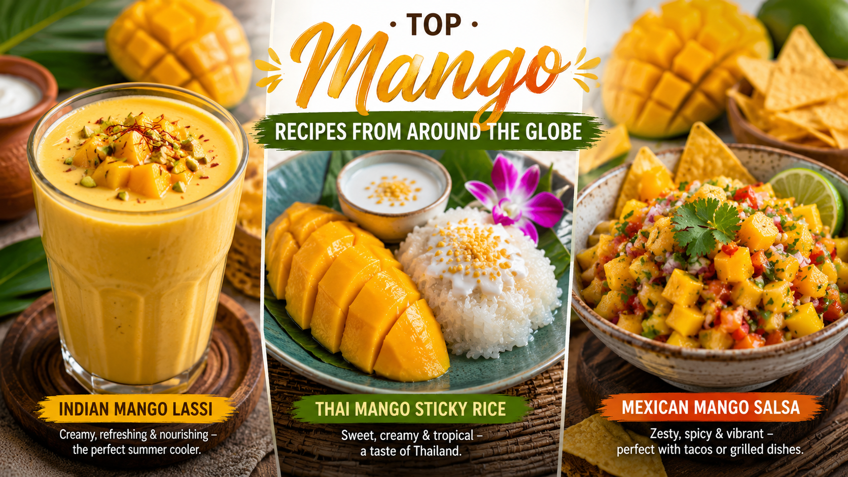 Collage of popular mango recipes from around the world featuring Indian mango lassi, Thai mango sticky rice, and Mexican mango salsa with fresh ripe mangoes.