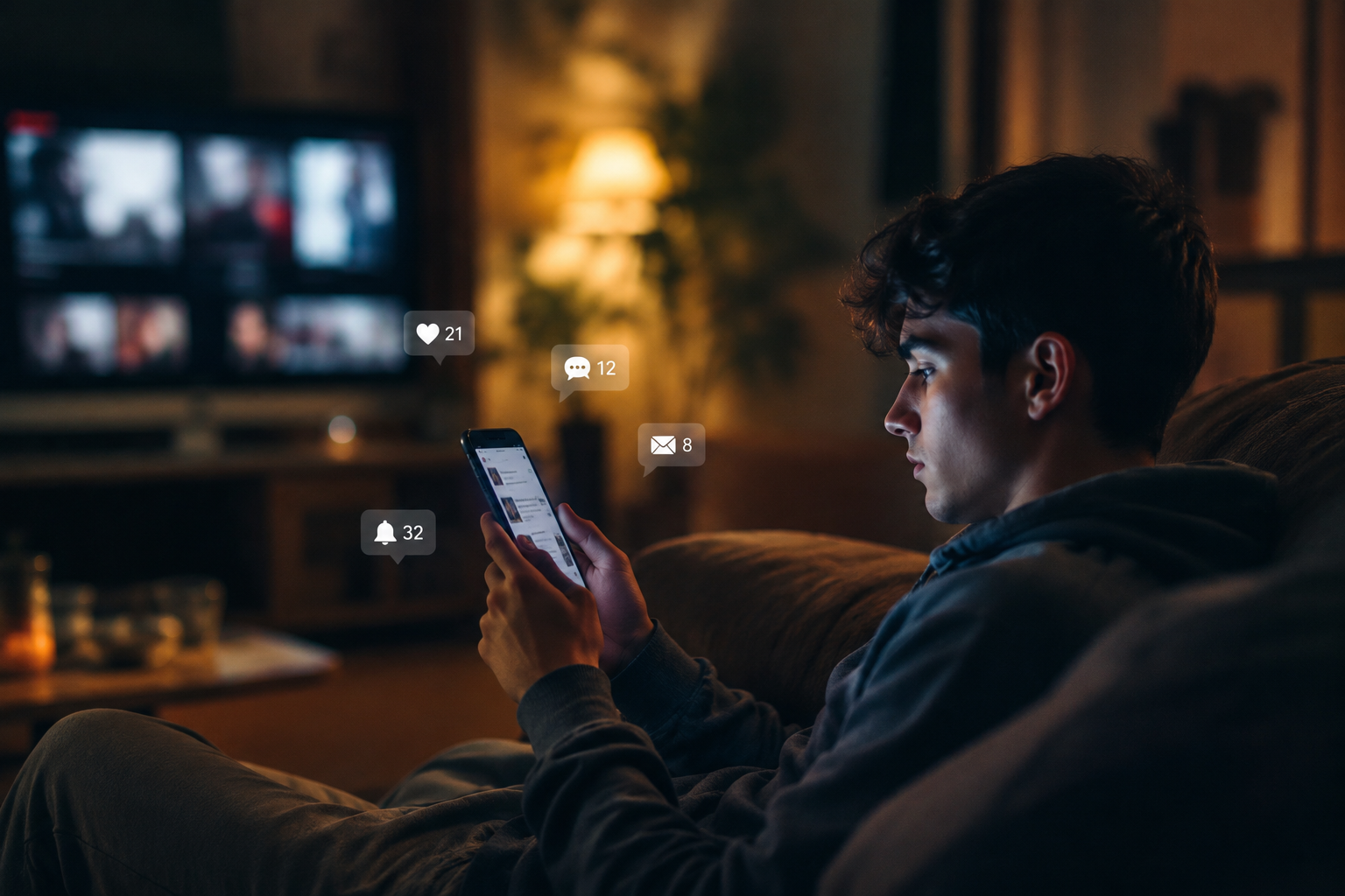 Young Indian man scrolling on his smartphone at night while surrounded by social media notifications, highlighting digital distraction, excessive screen time, and the modern attention economy.