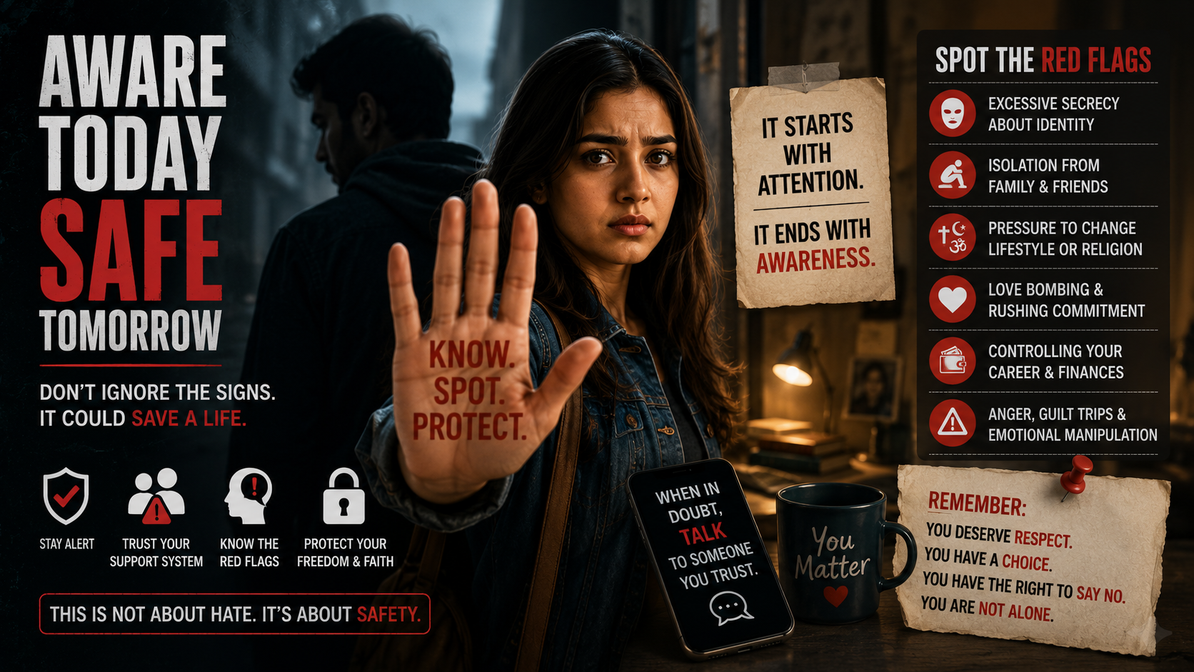 Relationship red flags awareness image showing manipulation signs, emotional control, isolation tactics, and women safety education