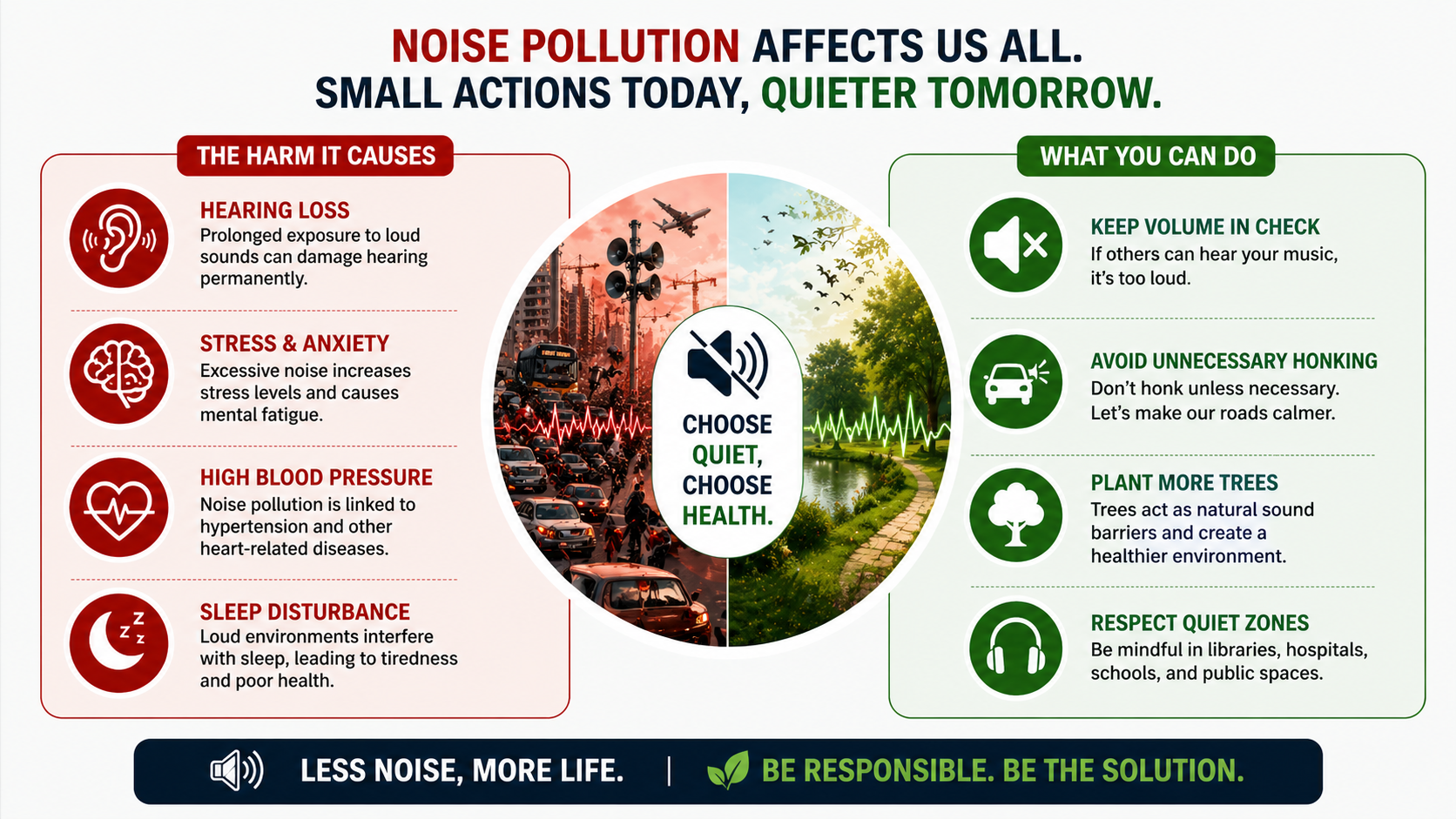 Infographic on noise pollution showing harmful effects like hearing loss, stress, high blood pressure, and sleep disturbance alongside solutions such as reducing volume, avoiding honking, planting trees, and respecting quiet zones in a 1920x1080 layout.