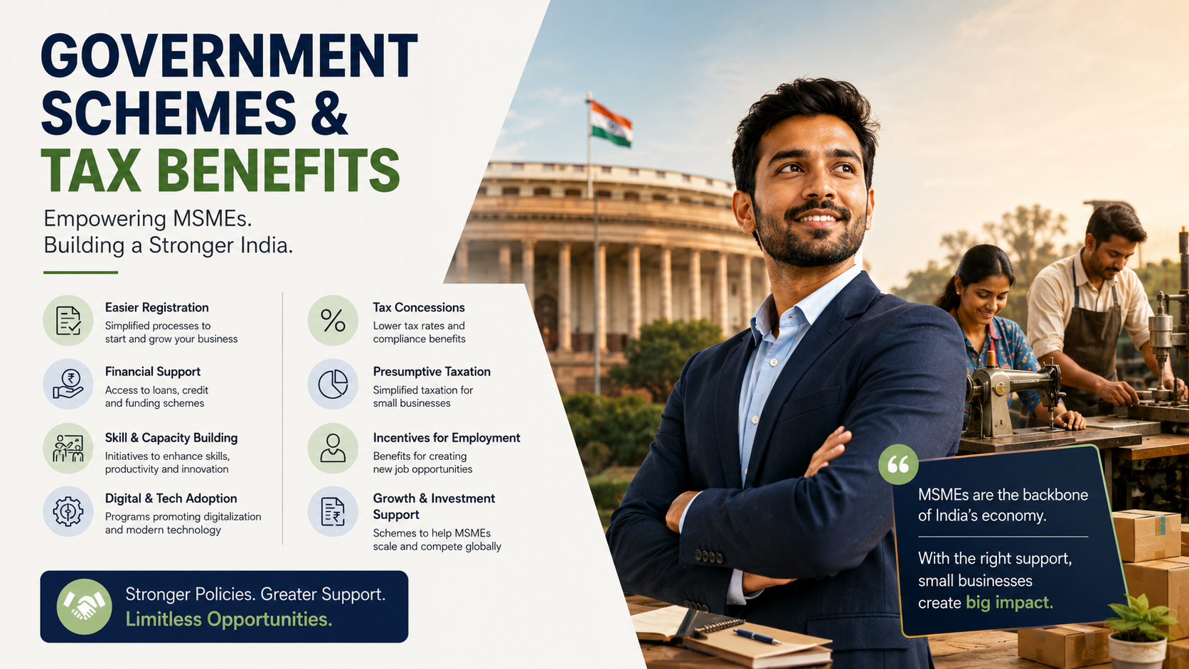 Infographic explaining Government of India MSME schemes and tax benefits, including easier registration, business loans, startup support, incubation centres, skill development programmes, digitalisation initiatives and tax incentives for small businesses.