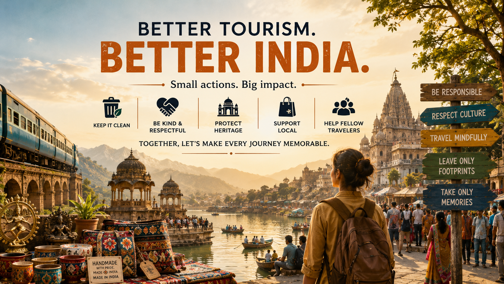 Editorial illustration showcasing how India can improve tourism through clean public spaces, preserved heritage sites, efficient transport, responsible travel, local communities, sustainable tourism, and world-class visitor experiences, featuring iconic Indian landmarks, UNESCO World Heritage Sites, and diverse cultural landscapes.