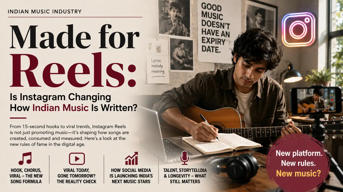 Feature image for article 'Made for Reels: Is Instagram Changing How Indian Music Is Written?' depicting an Indian singer-songwriter creating music beside an Instagram Reels interface, highlighting viral music trends, independent artists, digital music marketing, and the evolution of the Indian music industry.