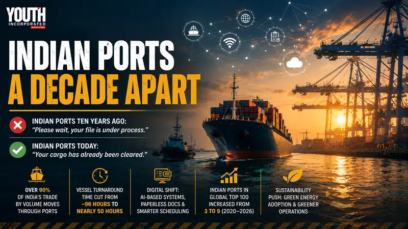 Wide editorial-style graphic of a busy container port at sunset, featuring a large cargo ship sailing past cranes and dock infrastructure. The design highlights “Indian Ports: A Decade Apart” with a visual comparison of past delays versus faster, digitalised operations today, along with key icons representing trade volume, reduced turnaround time, technological upgrades, global rankings, and sustainability efforts.