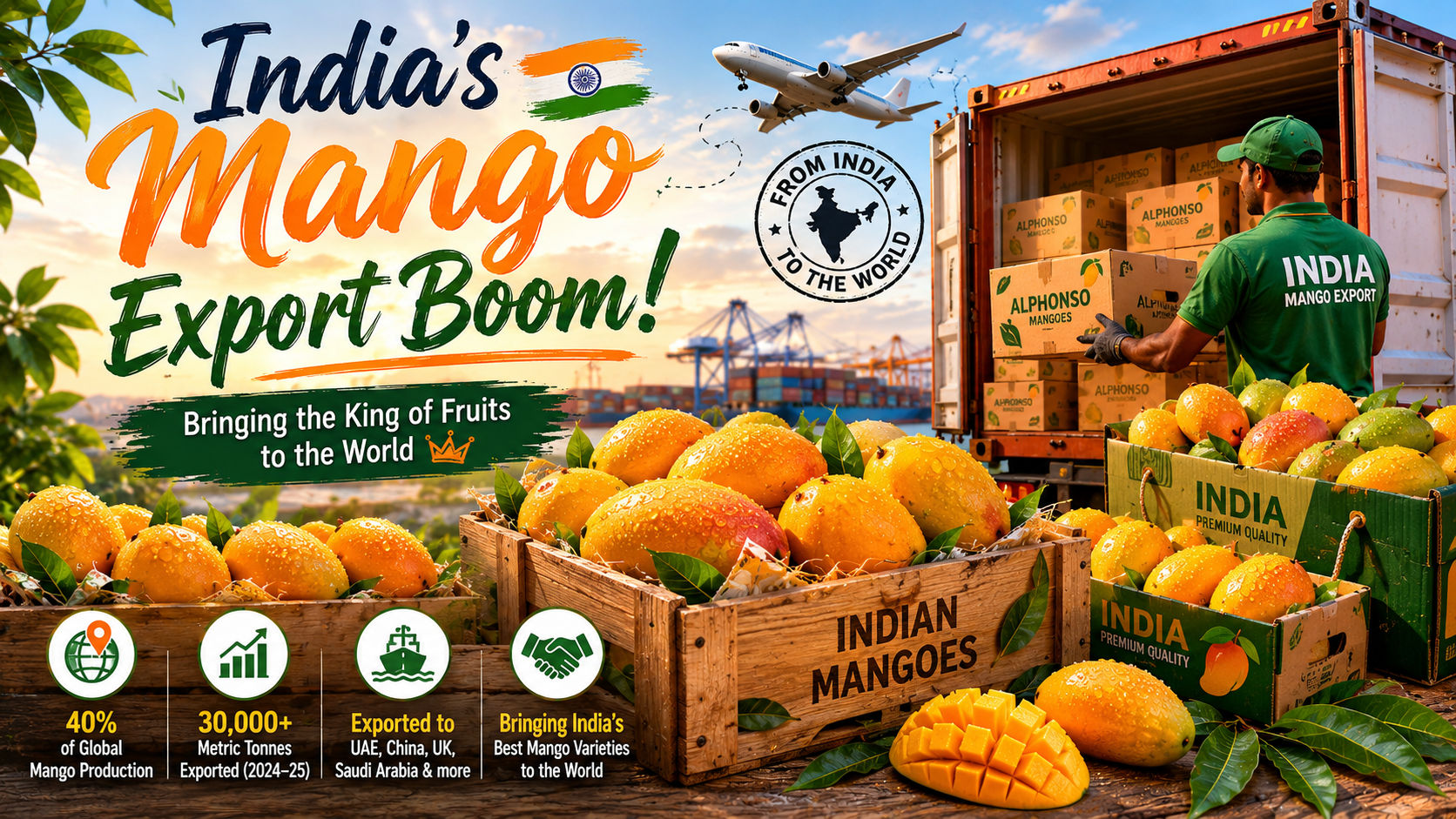 Indian Alphonso mango export crates and fresh mangoes representing India’s mango export boom, global mango trade, and premium Indian mango varieties.