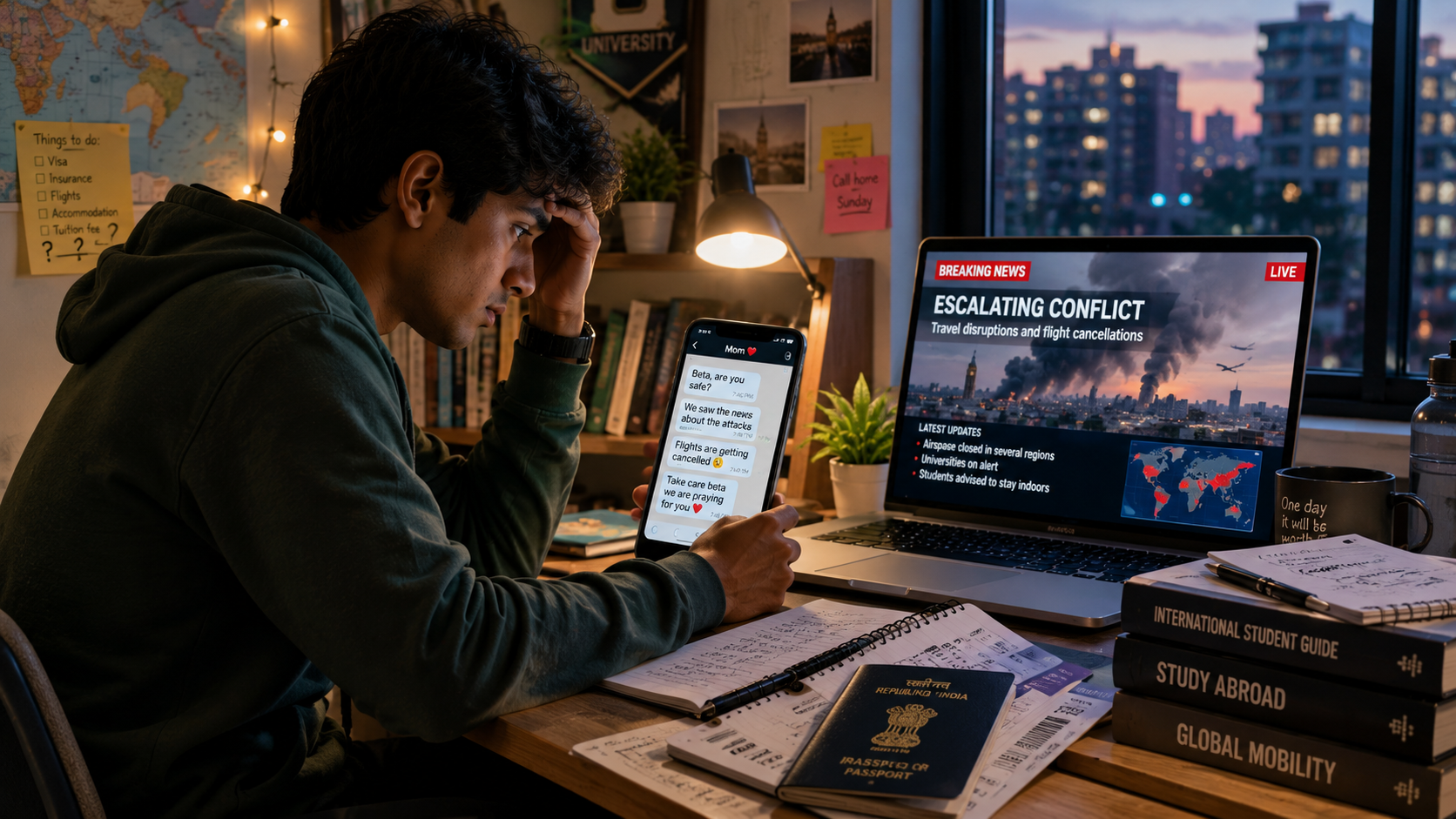 International student abroad checking conflict-related news updates and travel advisories while reviewing passport and visa documents, highlighting the impact of global conflicts on overseas education plans.