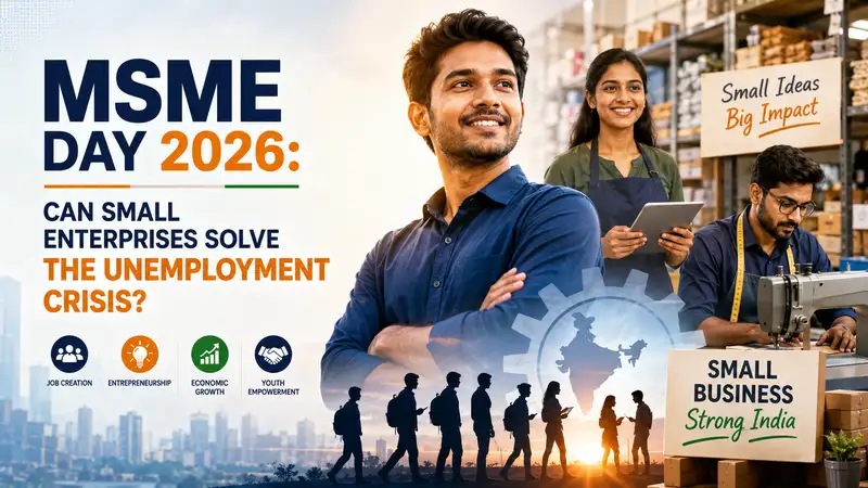 MSME Day 2026 feature image showing young Indian entrepreneurs and small business owners representing how MSMEs create jobs, support entrepreneurship and help tackle youth unemployment in India.