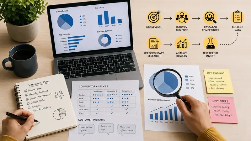 Market research guide showing audience analysis, competitor research, data collection, market trends and testing a business idea before investing