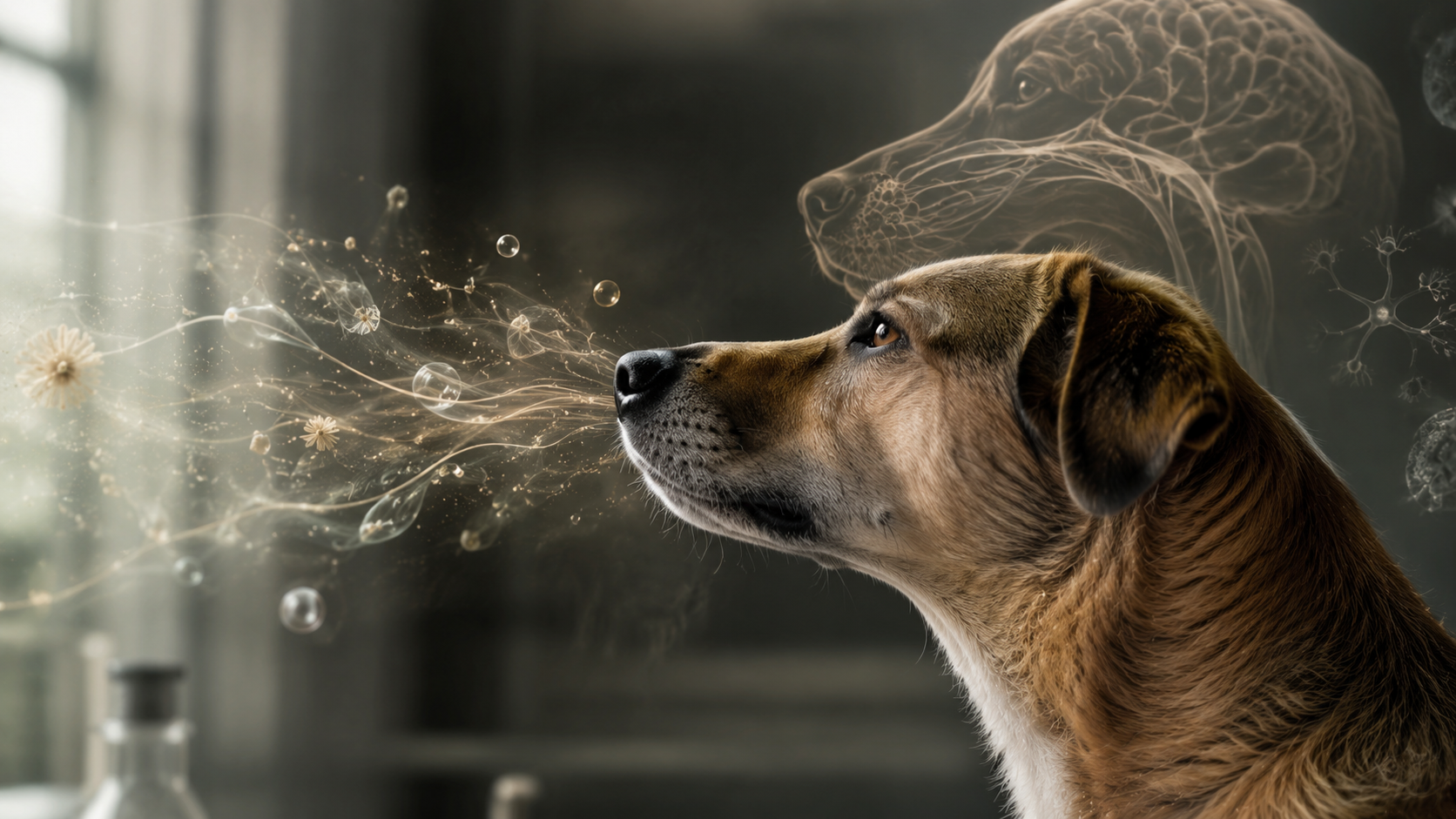 Realistic side-profile dog exploring scent particles and airflow, with subtle anatomical and sensory visuals illustrating canine smell, intelligence and extraordinary senses.