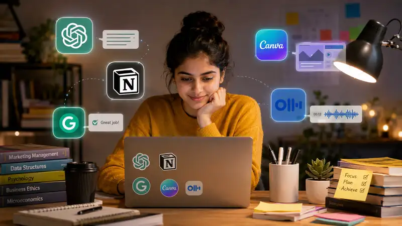 AI tools for college students in 2026, showing a university student using a laptop surrounded by artificial intelligence tools for studying, brainstorming, writing, organisation, design, note-taking and academic productivity.