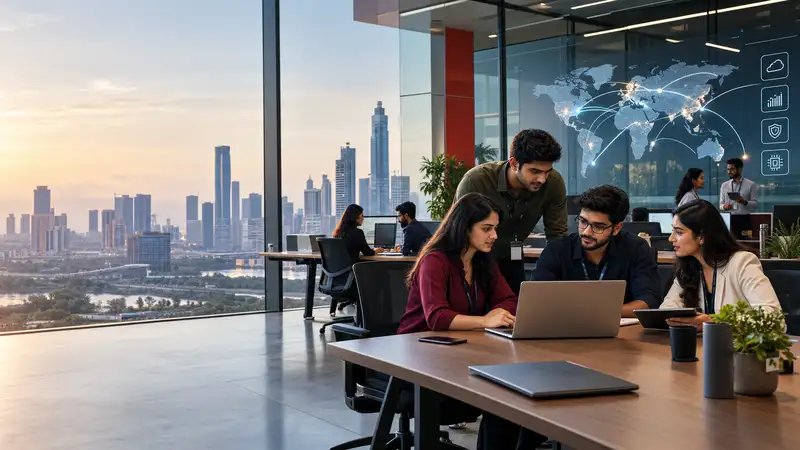 Young Indian professionals collaborating in a modern technology office, representing the growth of Global Capability Centres in India and their role in global business and innovation.