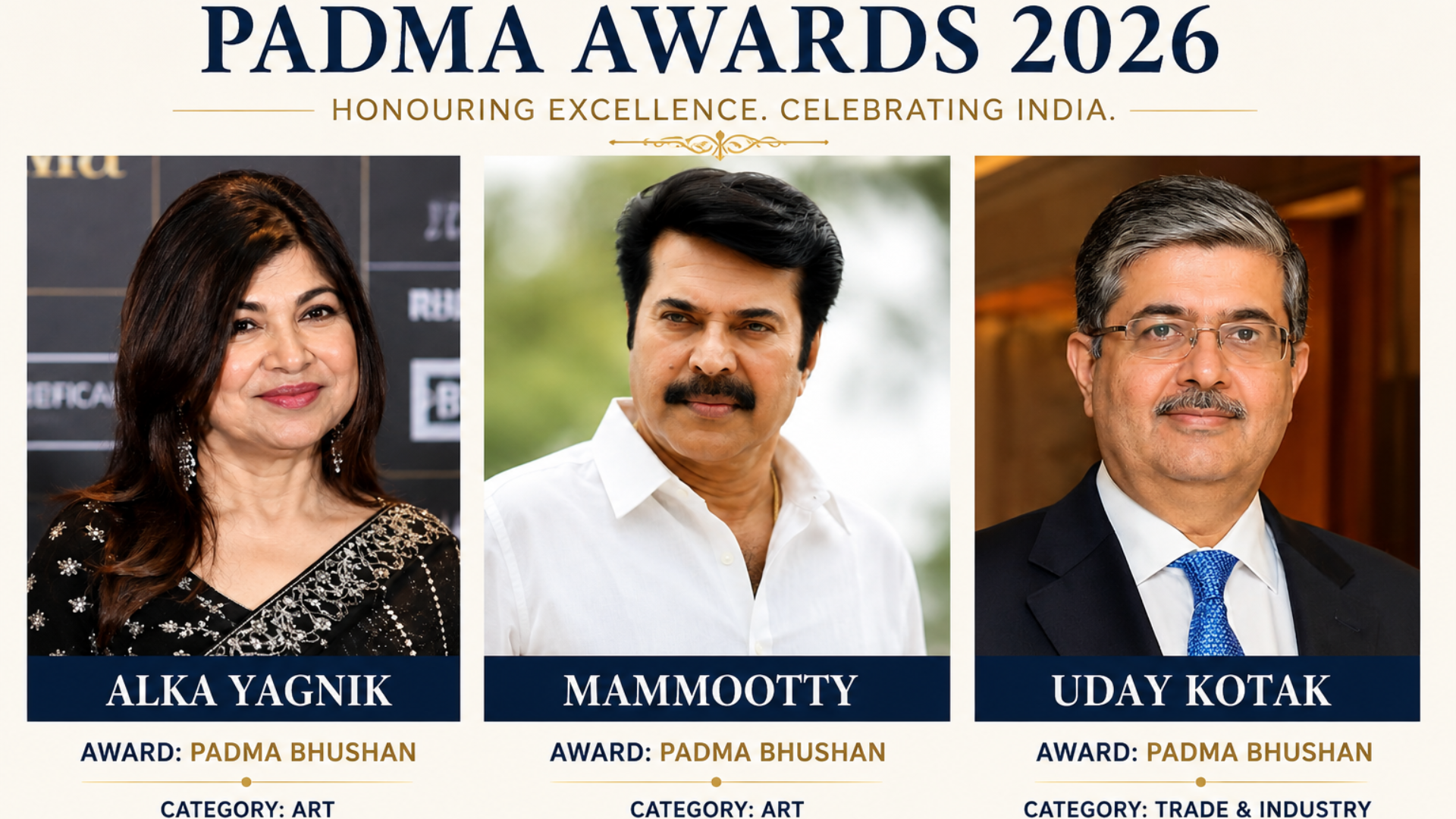 Padma Bhushan 2026 recipients Alka Yagnik, Mammootty and Uday Kotak recognised for contributions to music, cinema and business leadership
