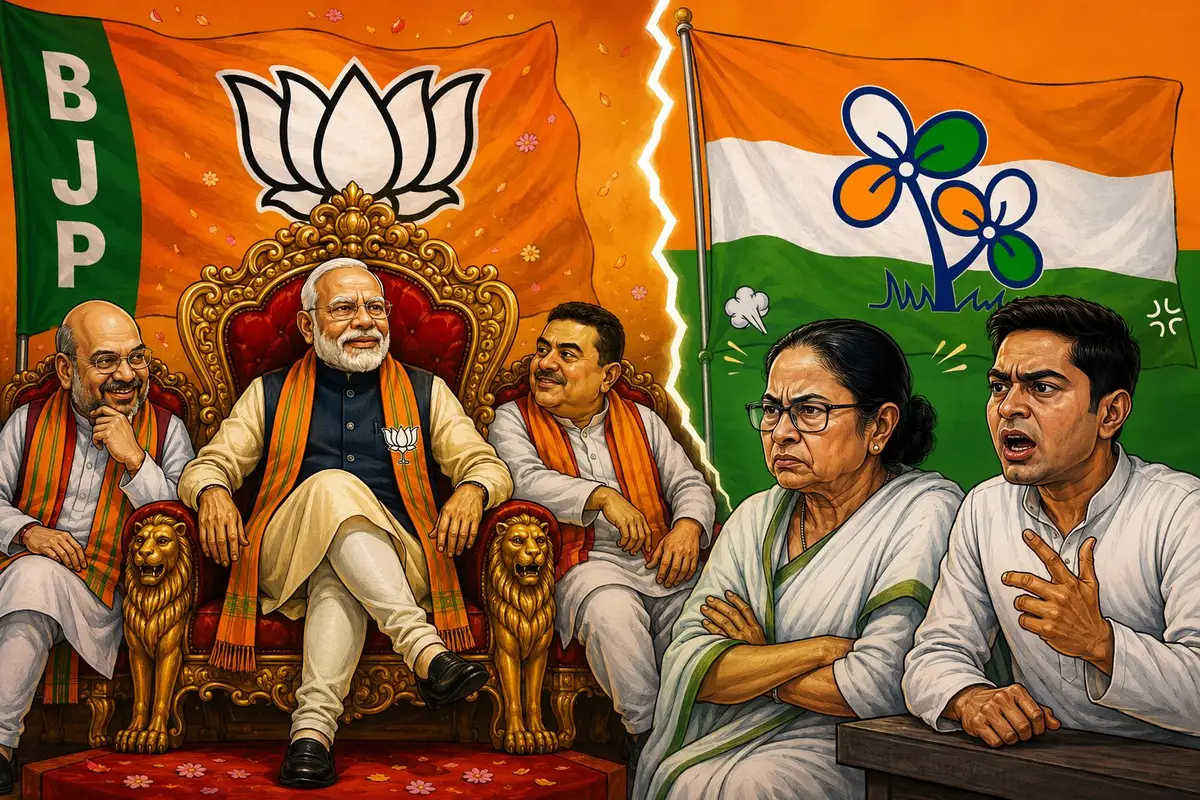 Illustration depicting political rivalry in West Bengal with BJP leaders seated confidently beneath the BJP flag and lotus symbol, while TMC leaders appear tense under the Trinamool Congress flag, symbolising shifting political power and election tensions in Bengal.