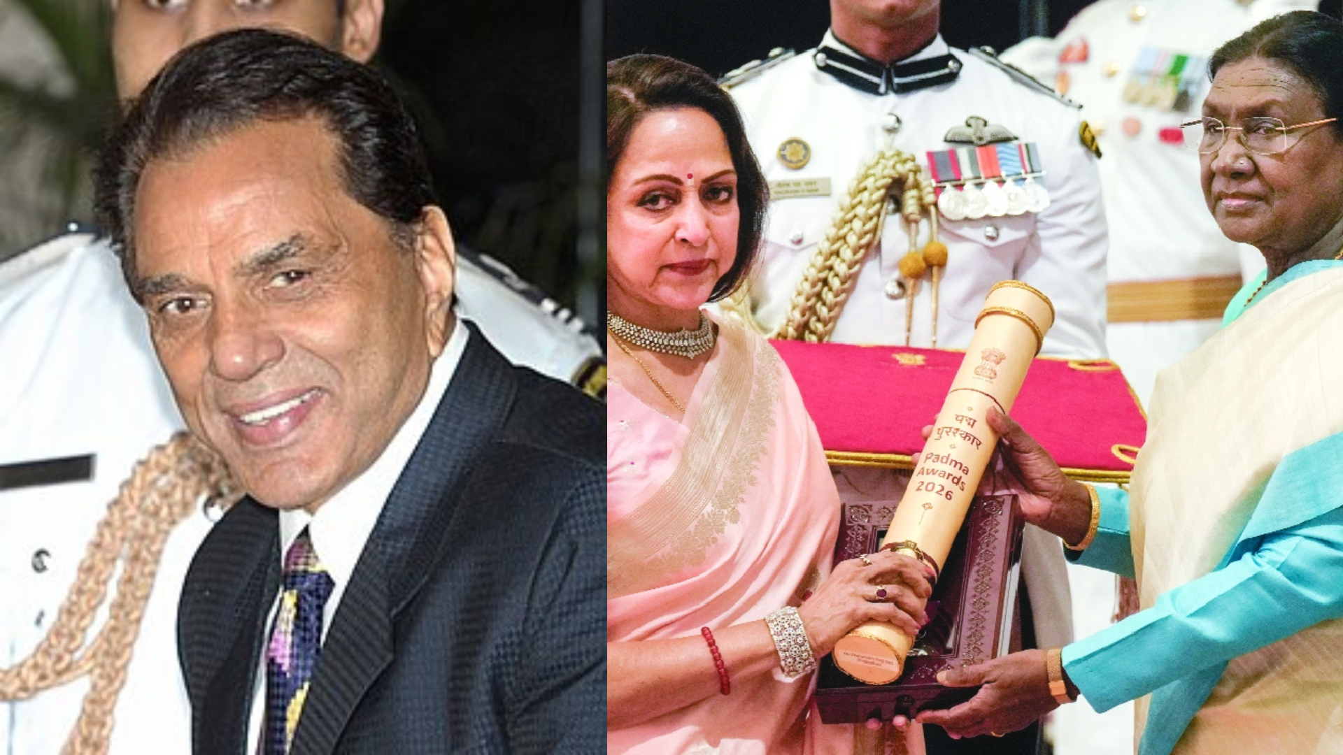 One side has a picture of Dharmendra. The second one has his partner Hema Malini recievin the padma award.