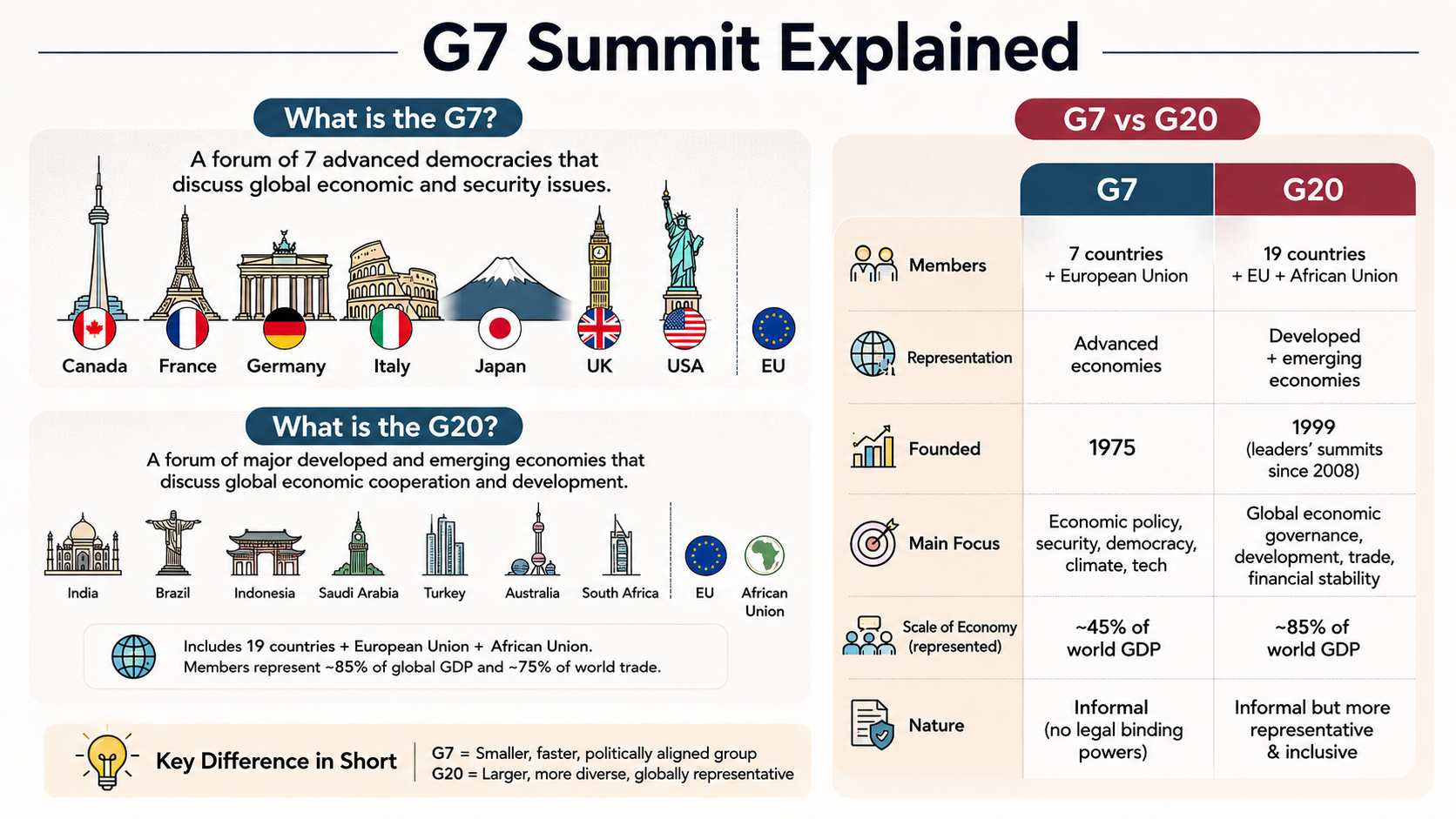 G7 vs G20 infographic explaining the key differences between the two global forums, including membership, purpose, economic representation, founding year and global influence. The graphic also highlights what the G7 and G20 are and their role in shaping international economic and political policies.