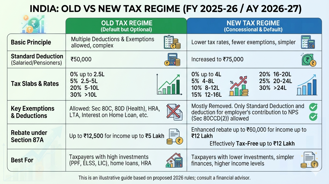 Comparison of the Old Tax Regime and New Tax Regime in India for FY 2025–26 (AY 2026–27), highlighting tax slabs, deductions, exemptions, and taxpayer benefits.