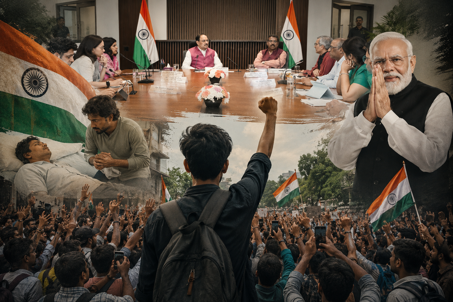 dicsussion of reform in the Indian education system, result of the protest by students.