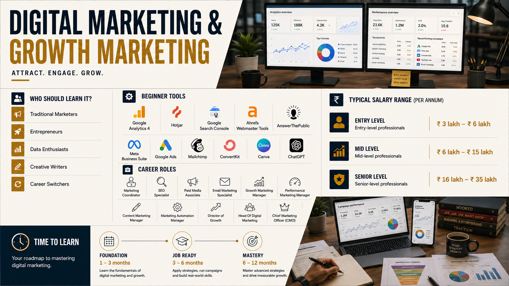 Digital Marketing and Growth Marketing career infographic featuring SEO, Google Analytics 4, Google Ads, Meta Business Suite, marketing career roles, salary ranges and digital marketing analytics workspace.