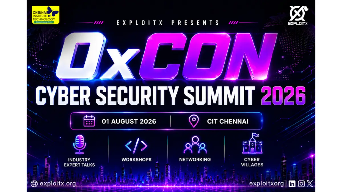 Official 0xCON Cyber Security Summit 2026 poster by ExploitX at Chennai Institute of Technology (CIT Chennai), featuring the event date of 1 August 2026, industry expert talks, cybersecurity workshops, networking opportunities, cyber villages, and India's premier student cybersecurity conference.