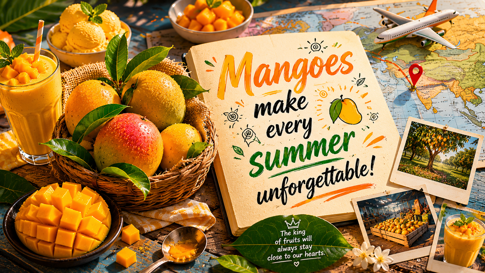 Summer-themed mango flat lay with fresh ripe mangoes, mango desserts, tropical drinks, travel-inspired elements, and nostalgic Mango Mania aesthetic.