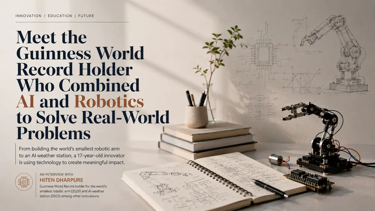 Editorial feature image for “Meet the Guinness World Record Holder Who Combined AI and Robotics to Solve Real-World Problems,” showing a robotic arm prototype, engineering sketches, notebooks, microelectronics, and a minimalist workspace representing AI, robotics, STEM innovation, and student technology projects.