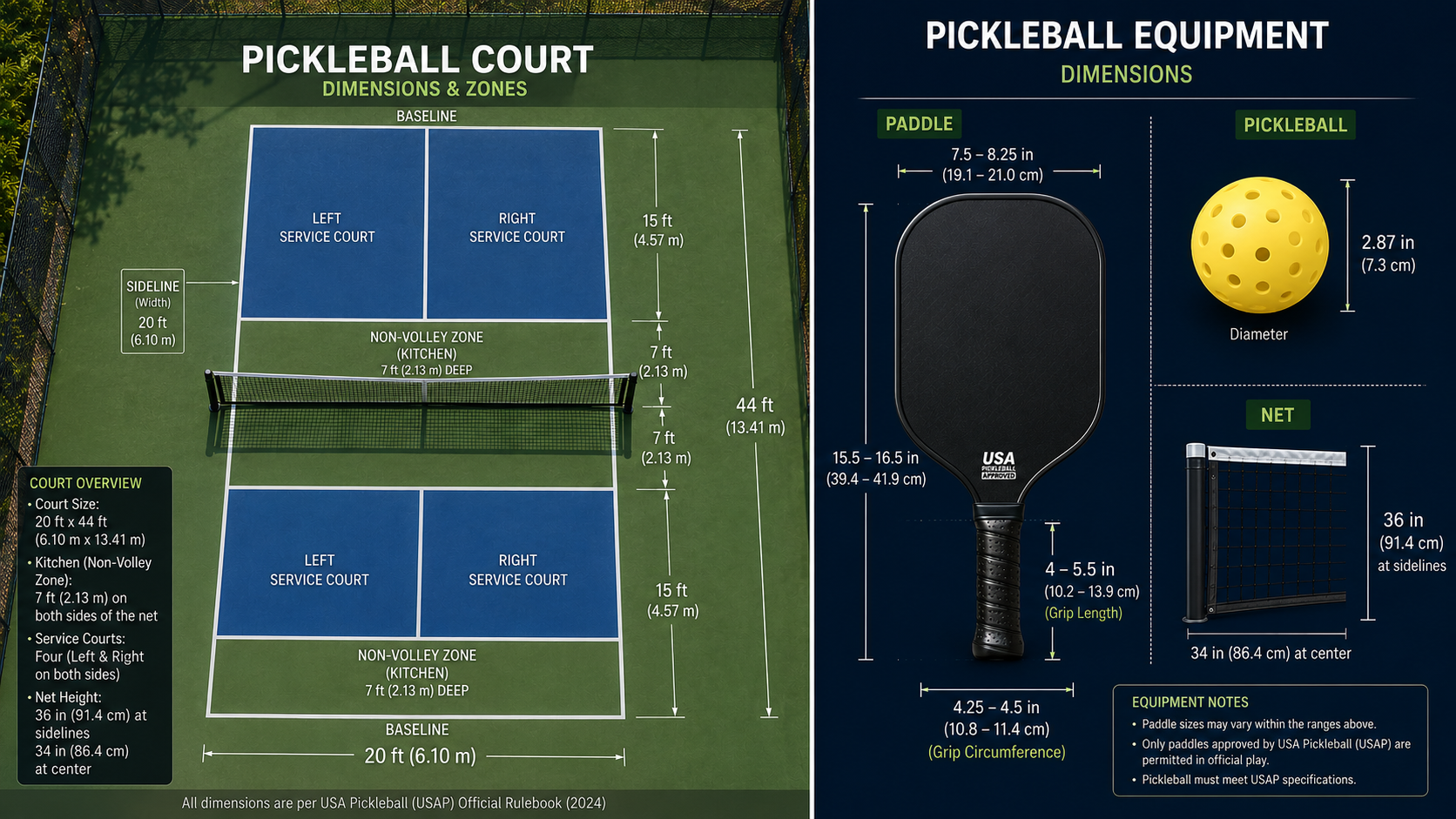 Official pickleball court dimensions infographic showing regulation court layout, kitchen (non-volley zone), service courts, baseline, centerline, sidelines, net measurements, and official paddle and pickleball dimensions as per international standards.