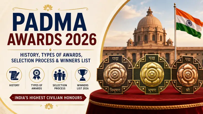Padma Awards 2026 feature image displaying Padma Vibhushan, Padma Bhushan and Padma Shri medals with Rashtrapati Bhavan and the Indian national flag, highlighting the history, categories, selection process and winners of India's highest civilian awards.